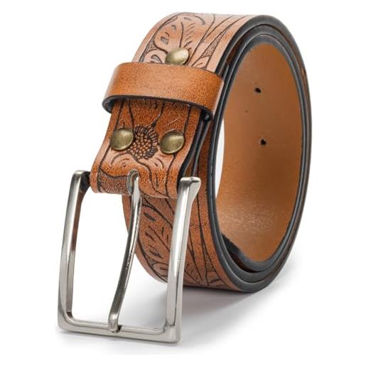 KorhLeoh western leather cowboy buckle belt for men women jeans engraved floral longhorn bull texas buckle belt (vita 33-41), bull-brown pin buckle, for 91-104cm waist
