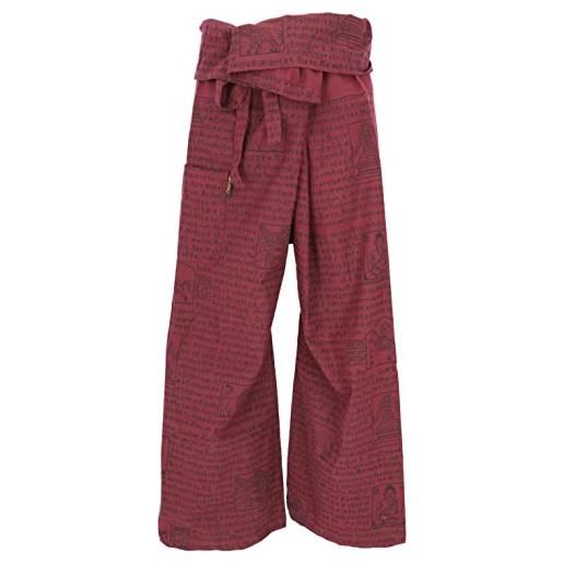 GURU SHOP pantaloni da pescatore thai con stampa mantra in cotone intrecciato, pantaloni da yoga, da uomo/donna, verde, taglia: unica, rosso vivo, taglia unica