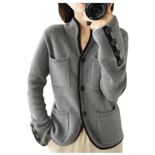 Vsadsau 100% lana merino maglione blazer donna stand collar suit maglione cappotto solido cardigan lavorato a maglia, grigio, xxl