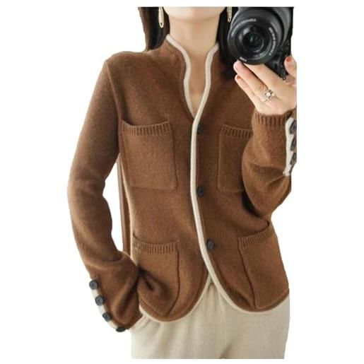 Vsadsau 100% lana merino maglione blazer donna stand collar suit maglione cappotto solido cardigan lavorato a maglia, beige, 40