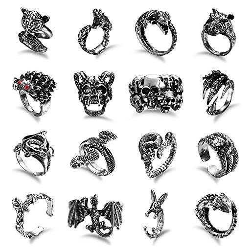 Kakonia 16pcs gotico anelli aperti set per le donne degli uomini punk regolabile serpente artiglio del drago anelli animali vintage goth teschio anelli indie estetica nero stile-b