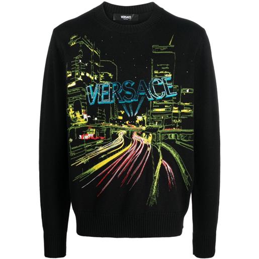 Versace maglione city lights con ricamo - nero
