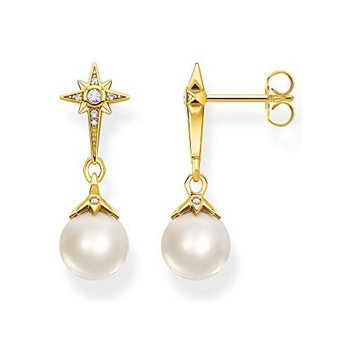 Thomas sabo h2118-445-14 orecchini da donna con perla e stella, in argento sterling 925, placcati in oro giallo 750