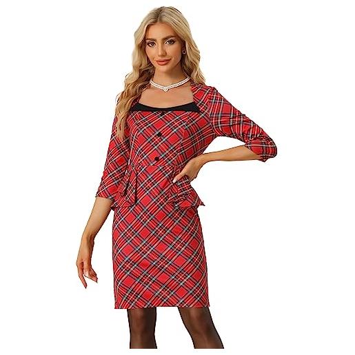 Allegra K abito a tubino scozzese per donna con maniche a 3/4, cintura peplo aderente, rosso, xl
