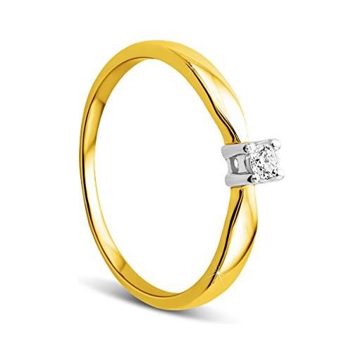 Orovi, anello di fidanzamento da donna, solitario in oro giallo 9 carati (375), brillanti 0,10 carati, anello con diamante realizzato a mano in italia