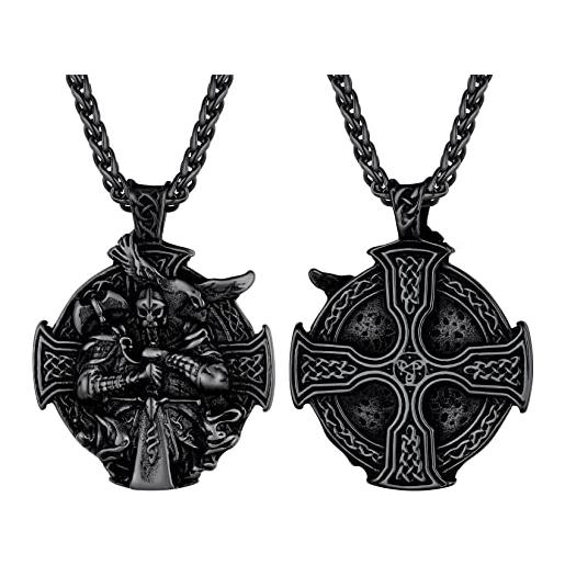 U7 croce rotonda collana uomo con nodo celtico, 55+5 cm regolabile catena ciondoli per collane uomo, nero collana vichinga uomo in acciaio, gioielii di moda regalo per adulti