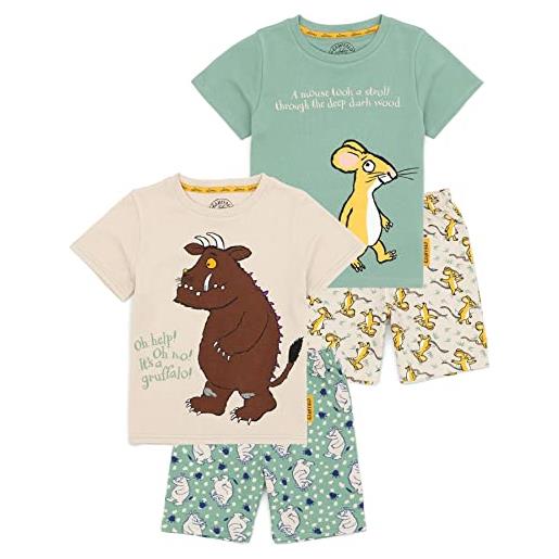 The Gruffalo kids 2 pack pyjamas | boys girls toddlers beige green short sleeve t-shirt shorts set | monster mouse character themed sleepwear merchandise