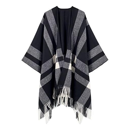 HIKARO donna scialle wrap open front poncho cape plaid tassel blanket cardigans coat per la primavera autunno inverno