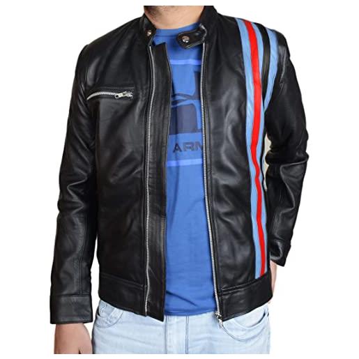 Fashion_First eddie brock venom 2 tom hardy black racing biker jacket - outwear in vera pelle a righe rosse e blu, nero , l
