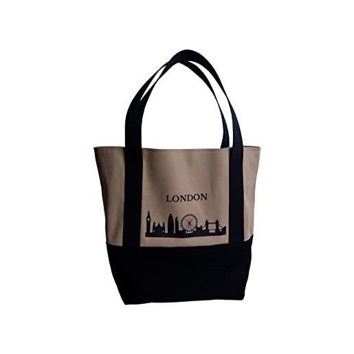 NEW HOPE borsa shopper moderna in due colori con scritta londra, donna, nero/marrone
