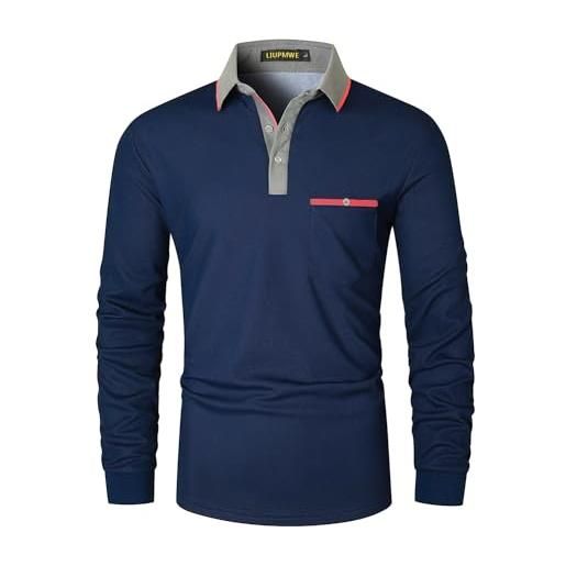 LIUPMWE polo uomo manica lunga con tasca camicia casual tshirt slim-fit contrasto di colore golf magliette, blu, m