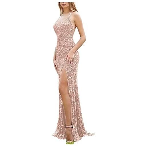 N/ C sayno spaghetti cinghie paillettes prom dresses mermaid formale abiti da sera per le donne con high slit, rosa polvere, 34