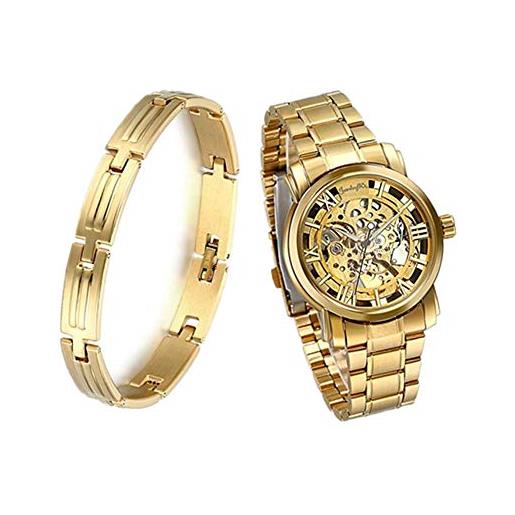 Jewelrywe orologi meccanici uomo, display oro, pointer oro, bracciale colore oro in acciaio inossidabile