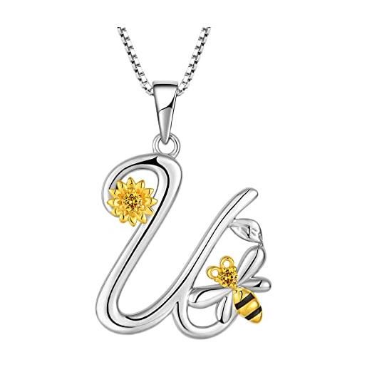 FJ collana lettera u argento 925 donna collana con ciondolo iniziale alfabeto collana ape girasole margherite con zirconia cubica gioielli regalo per donna