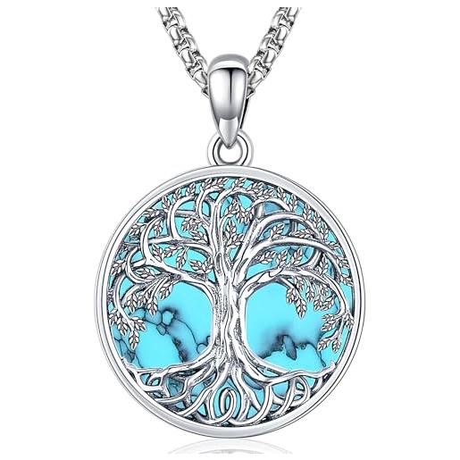 Friggem collana donna argento 925, collana celtica turchese, collana albero della vita ciondolo albero della famiglia gioielli regalo per donne ragazze (k-albero della vita)
