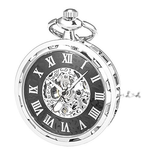 ManChDa mens steampunk transparent open face pocket watch quadrante nero scheletro con catena + confezione regalo