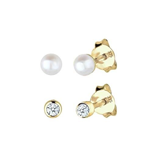 Elli premium 0309660214 set di orecchini a perno da donna in oro giallo 375, con perle bianche coltivate d'acqua dolce o diamante (0,06 ct) taglio brillante