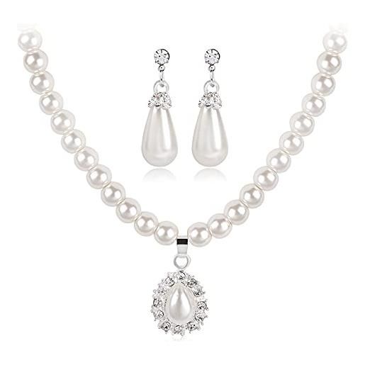 Dishowme orecchini con collana di cristallo da sposa set di gioielli collana con ciondolo di perle da sposa orecchini pendenti per donne e ragazze (bianco b)