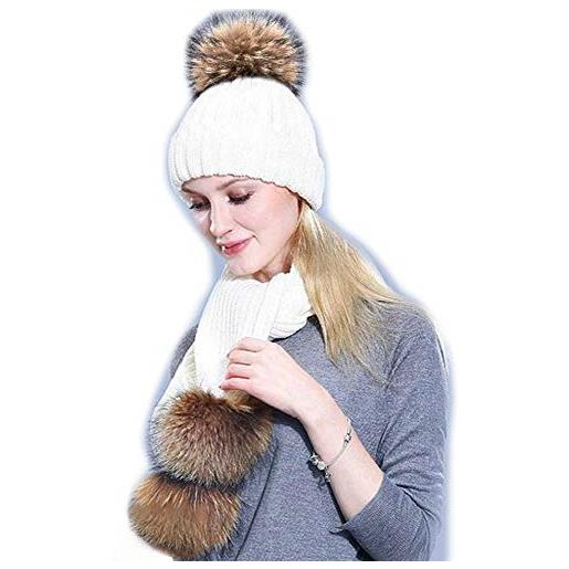 Brillabenny set cappello e sciarpa pon pon pelliccia vera cuffia unisex inverno regalo natale hat scarf fur (bianco, 3 pon pon beige)