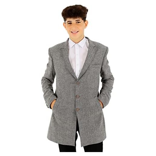 SIRRI ragazzi lana tweed a spina di pesce a quadri vestibilità sartoriale classica lunghezza midi cappotto grigio formale page boy giacca da sposa 13 anni
