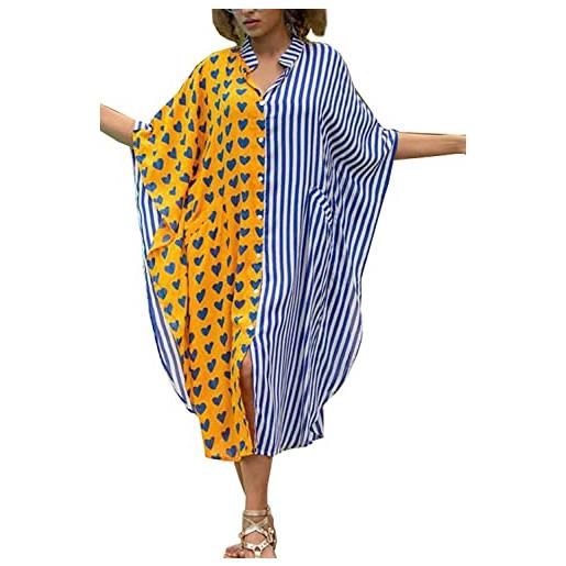 Youkd abito lungo da donna a caftano maxi bohemien da spiaggia copertura accappatoio spazioso kimono taglia unica loungewear, un blu giallo, taglia unica