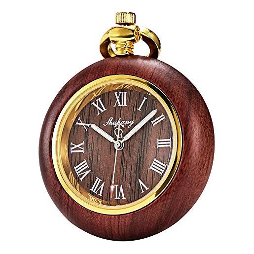 TREEWETO orologio da taschino al quarzo scheletro steampunk quadrante a forma di rame rosso in legno con scatola regalo a catena