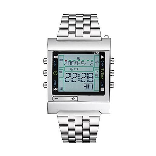 FENKOO da uomo orologio da polso digitale led telecomando calendario allarme cronometro acciaio inossidabile banda argento