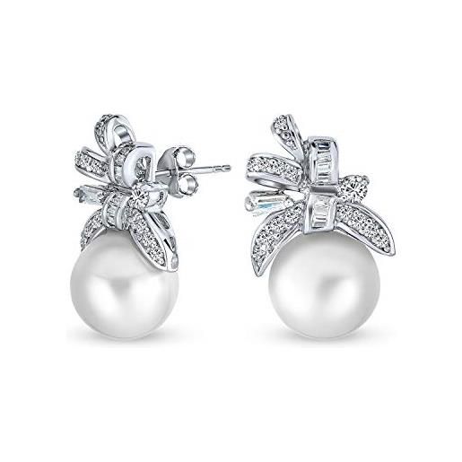 Bling Jewelry stile vittoriano cocktail wedding bridal ribbon cubic zirconia white simulated pearl cz bow orecchini per le donne. 925 sterling silver
