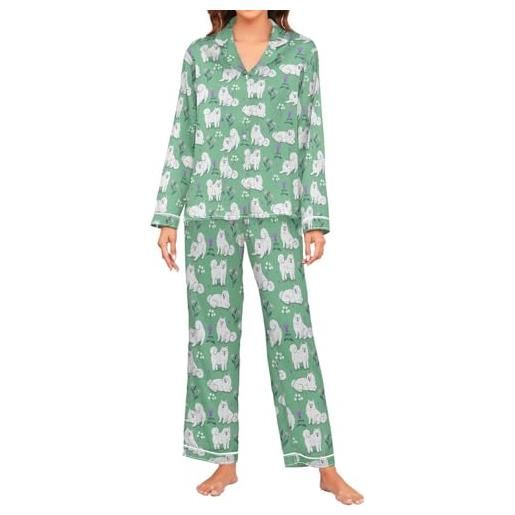 Oarencol pigiama da donna carino samoiedo a maniche lunghe pigiama verde in morbido raso con tasche, multi, m