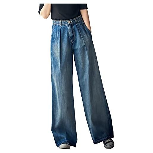 Baiomawzh baggy jeans da donna a vita alta, jeans strappati, rotti, lavati, elasticizzati, con gamba dritta, in denim tinta unita, elasticizzati, a vita alta, blu, w27