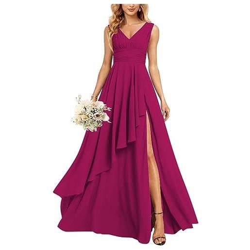 KURFACE abito da sposa con scollo a v lungo scollo a v abiti da damigella d'onore in chiffon per le donne con tasche, fucsia, 34