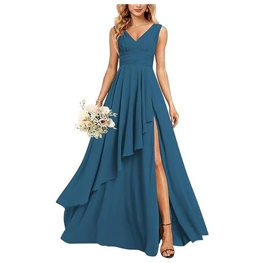 KURFACE abito da sposa con scollo a v lungo scollo a v abiti da damigella d'onore in chiffon per le donne con tasche, blu ottanio, 40
