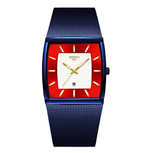 Haonb orologi da polso, casual orologio da polso a maglie quadrate di personalità casual orologio da calendario impermeabile, tutto blu viso rosso