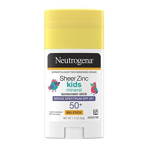 Neutrogena sheer zinc oxide kids mineral sunscreen stick, broad spectrum spf 50+ & uva/uvb protection & water resistant with residue-free, no-mess application, oil- & paraben-free, oz