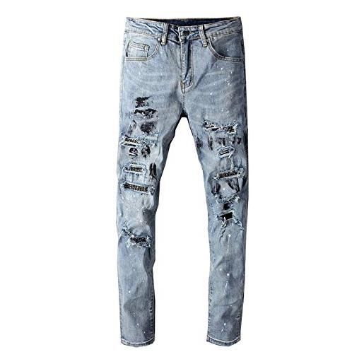 THJIQ pantaloni da matita da uomo in denim elasticizzato skinny con fori strappati verniciati a inchiostro di cristallo blu streetwear