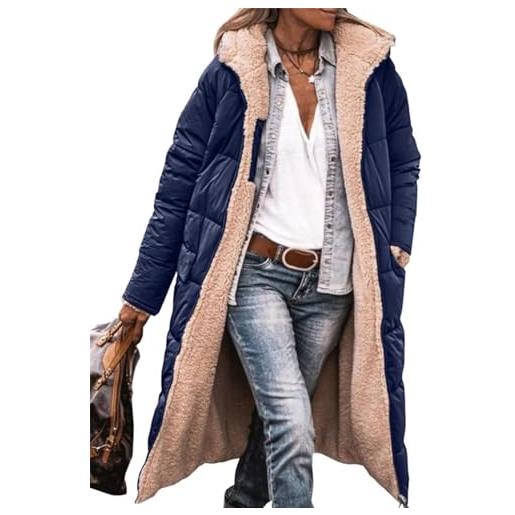 MorFansi cappotto invernale da donna, reversibile, a maniche lunghe, in pile, per attività all'aria aperta, trapuntato, con cappuccio, blu scuro, l