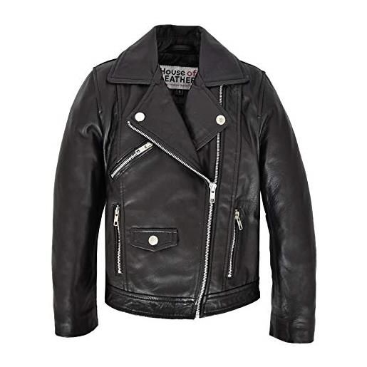 House Of Leather emily - giacca da motociclista, in vera pelle, con cerniera incrociata, colore: nero, nero , 12 anni