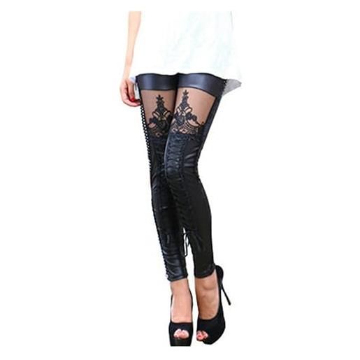AYAZER leggings punk rock sexy con cuciture in pizzo da donna leggings casual leggings stile punk da donna-nero-taglia unica