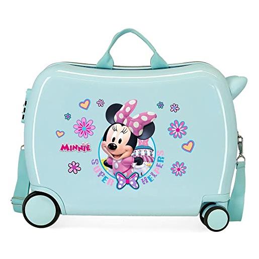 Disney minnie super helpers valigia per bambini, rigida in abs, chiusura a combinazione laterale, 4 ruote, bagaglio a mano, turchese