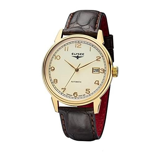Elysee vintage master automatic - orologio da uomo con cinturino in pelle, datario, orologio automatico, oro/panna/marrone, 