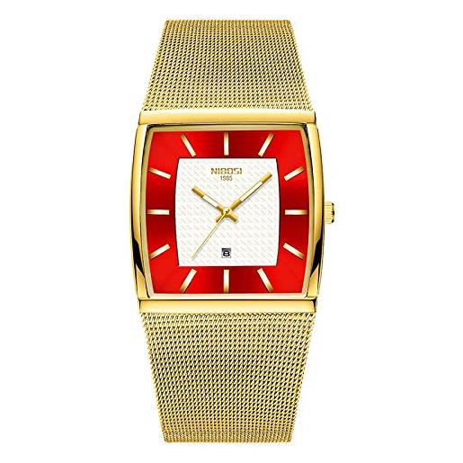 Haonb orologi da polso, orologio a maglia personalizzato quadrato casual con orologio calendario impermeabile, quadrante rosso tutto oro