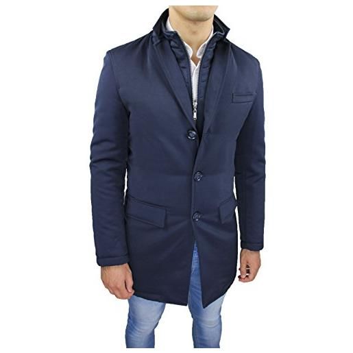 Mat Sartoriale giubbotto giacca uomo blu scuro lungo slim fit giaccone soprabito casual elegante (l)