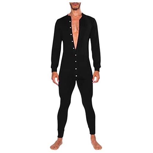 Duohropke henley jumpsuit stretchy - pigiama intero da uomo, biancheria intima termica, 01 nero, m