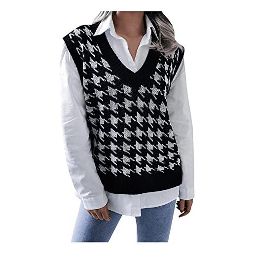 MKIUHNJ maglione da donna, nero, elegante, motivo a scacchi, per autunno e inverno, con motivo a treccia, elegante, nero , m