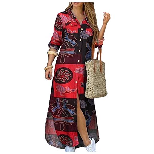 TYQQU donna vestito lungo fessura tie dye vestito collare con tasche pulsante vestito per la festa e la spiaggia vino rosso 3xl