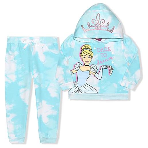 Disney principessa ragazze rapunzel, cenerentola, belle o ariel felpa con cappuccio e pantaloni jogger set per bambini piccoli, blu tie dye, 6x