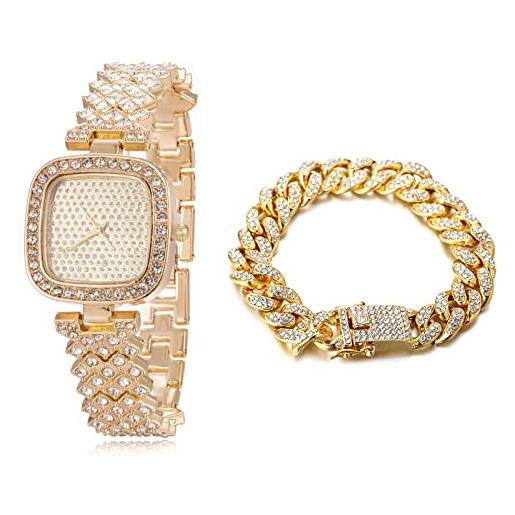 HALUKAKAH orologio d'oro con diamanti, donna placcato oro 18 carati plated 30mm larghezza quadrante quadrato quartz 19cm con catena cubane18cm bracelet, confezione regalo gratuita
