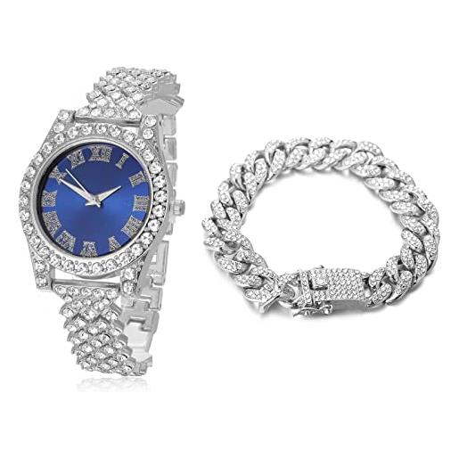 HALUKAKAH orologio d'oro con diamanti, donna platino placcato oro bianco 36mm larghezza blu quadrante quartz 20cm con catena cubane18cm bracelet, confezione regalo gratuita