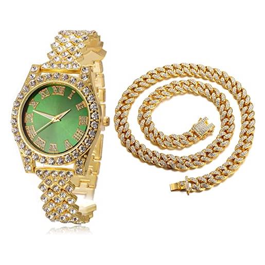 HALUKAKAH orologio d'oro con diamanti, donna placcato oro 18 carati plated 36mm larghezza verde quadrante quartz 20cm con catena cubane40cm nacklace, confezione regalo gratuita