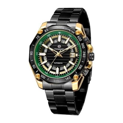 FORSINING orologio da polso da uomo, analogico, retrò, in acciaio inox, con calendario, stile militare, nero verde , retro